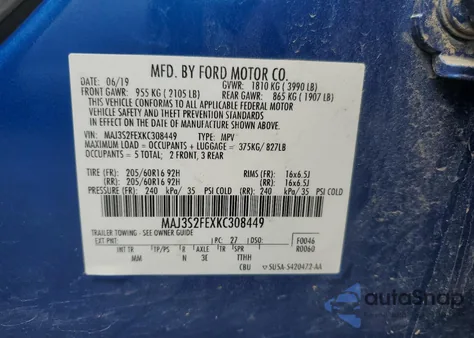 2019 Ford Ecosport S z USA, uszkodzony, nr VIN MAJ3S2FEXKC308449